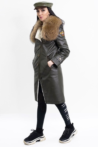 Пальто из натуральной кожи с меховым воротником С87 фото 2